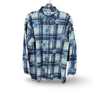 VTG‎ Blue Plaid Floral Rib Knit Button Up Shirt E.Y.E 90s Y2K Long Sleeve
